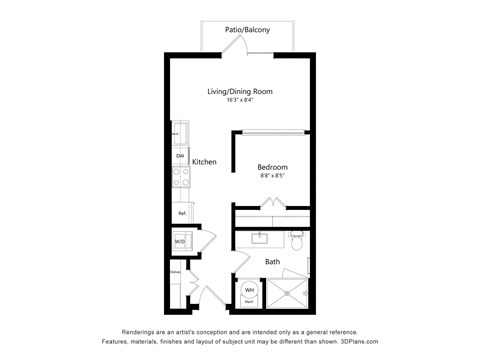 Floor plan for studio, 1 bath, 510 sqft
